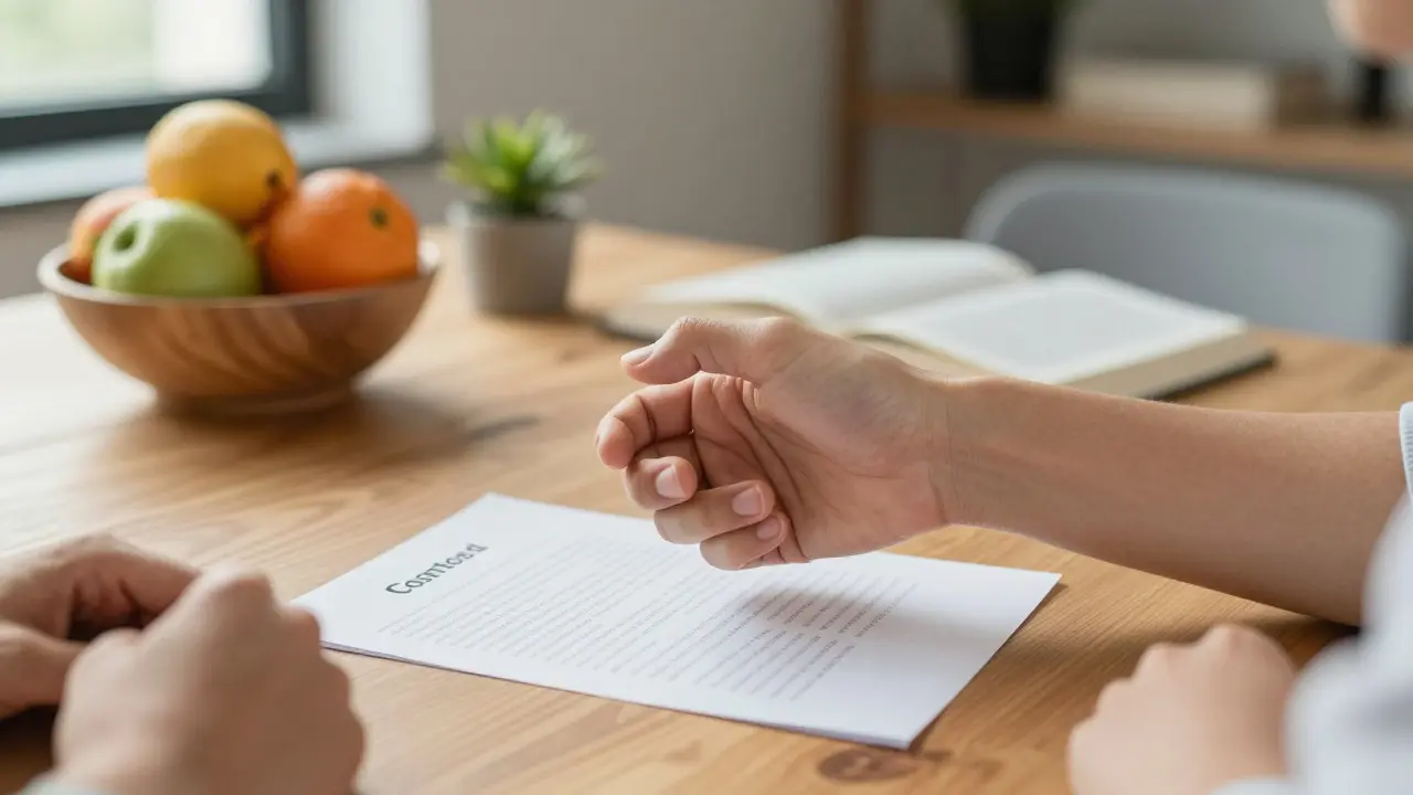 Close-up of an adult and teen shaking hands over a table with a paper
