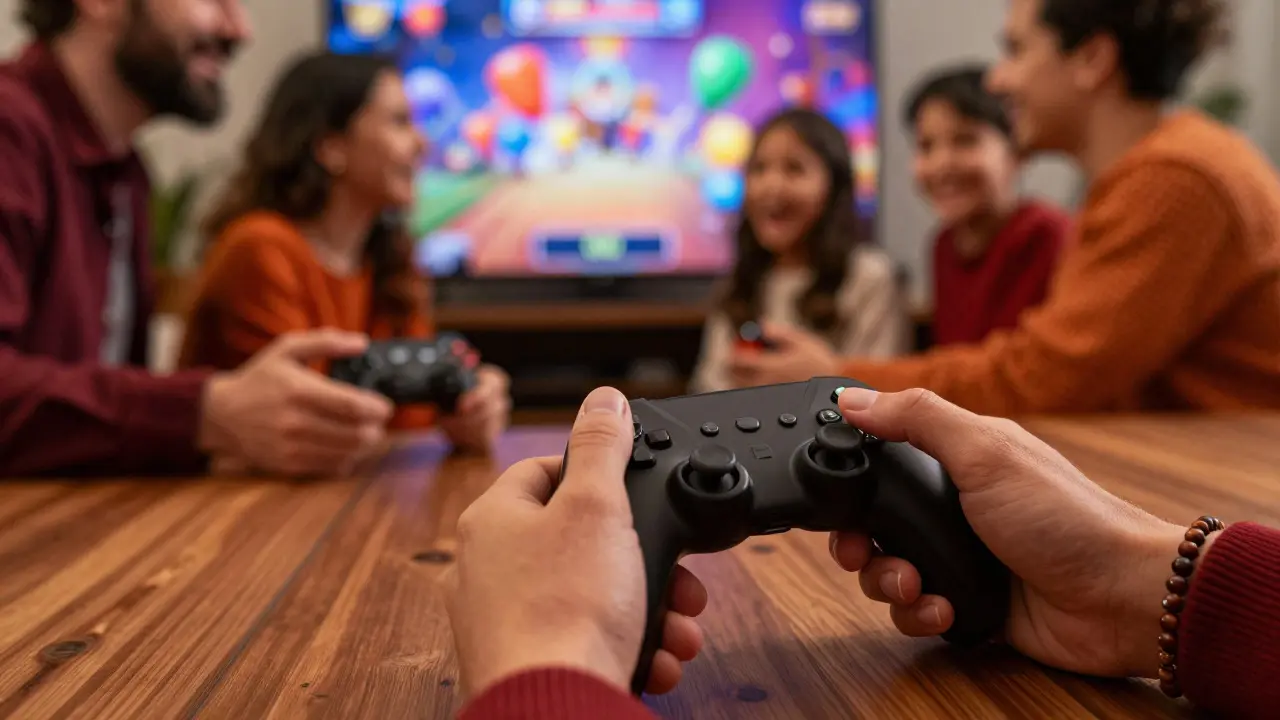 Close up of hands holding a game controller with a family in the background