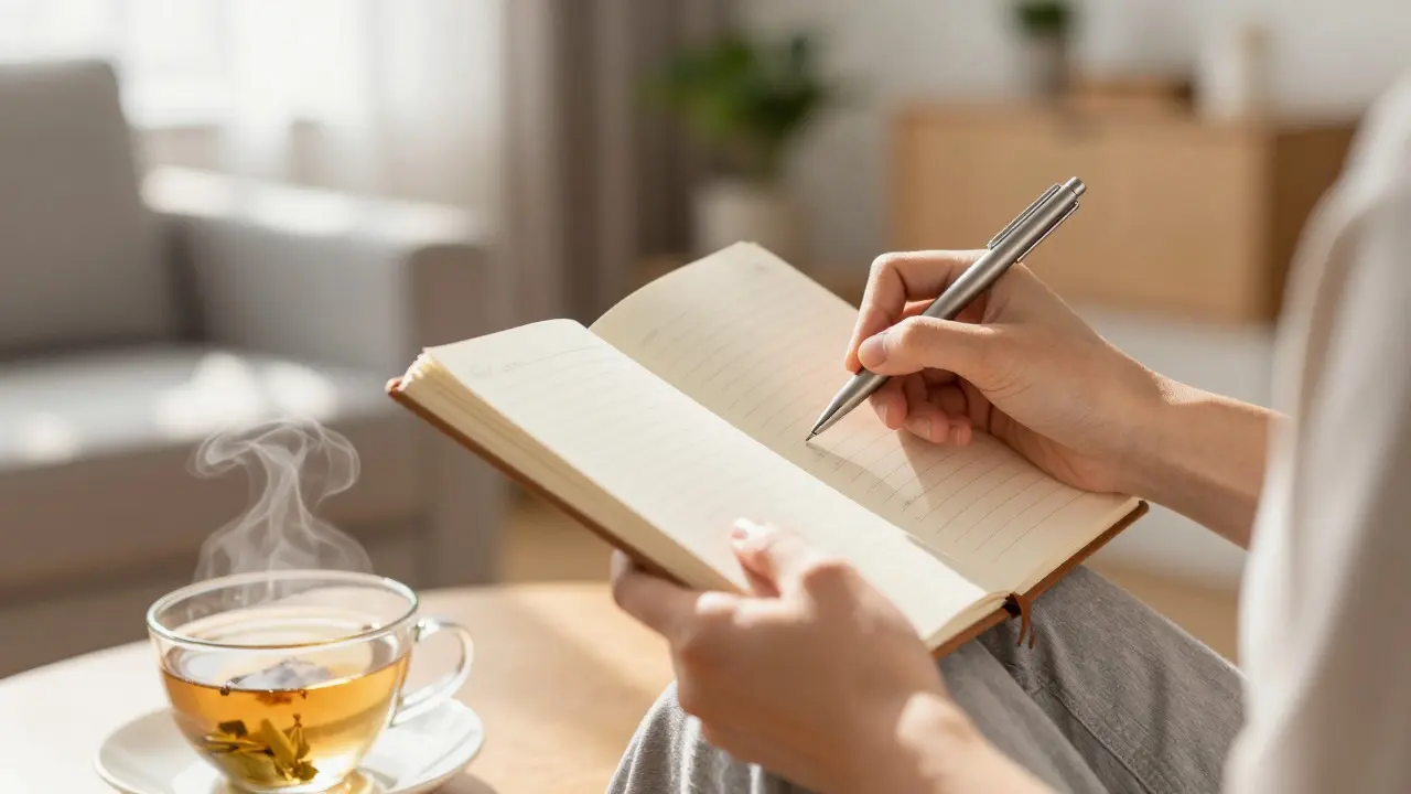 Close-up of hands writing in a journal by a window, symbolizing self-reflection