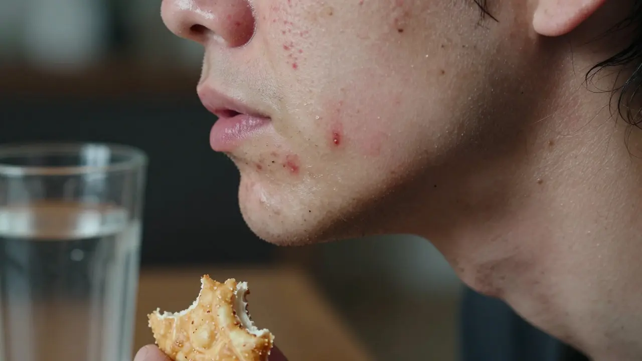 Close-up of unkempt skin and greasy hair showing signs of hygiene neglect