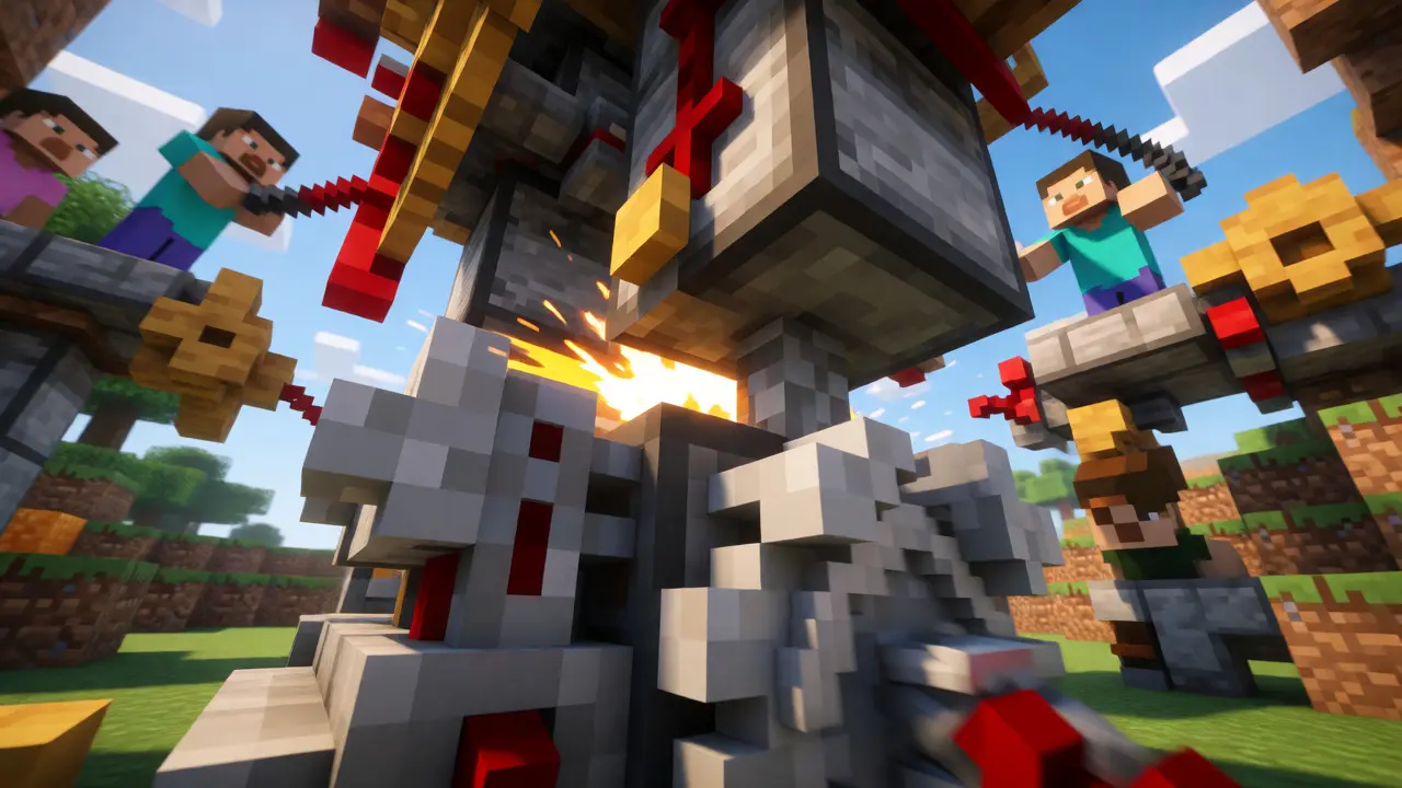 Complex mechanical assembly in a blocky voxel game world