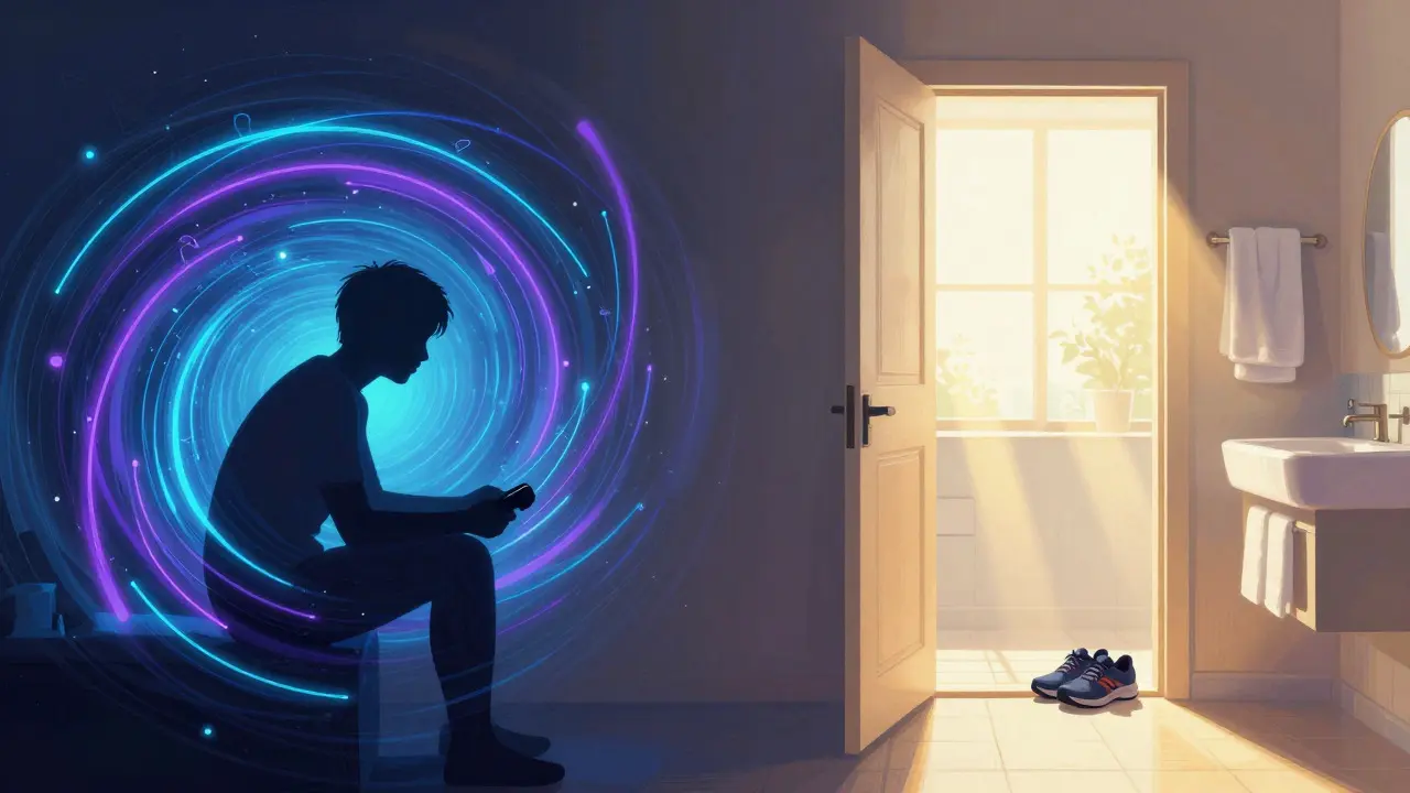 Conceptual art contrasting dark gaming isolation with bright, healthy recovery