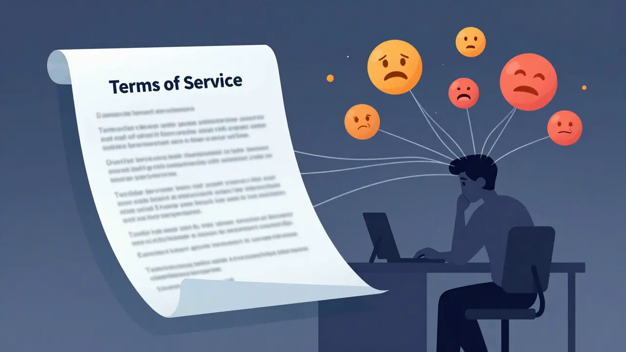Conceptual art of a blurred terms of service document connected to a gamer's emotional state bubbles