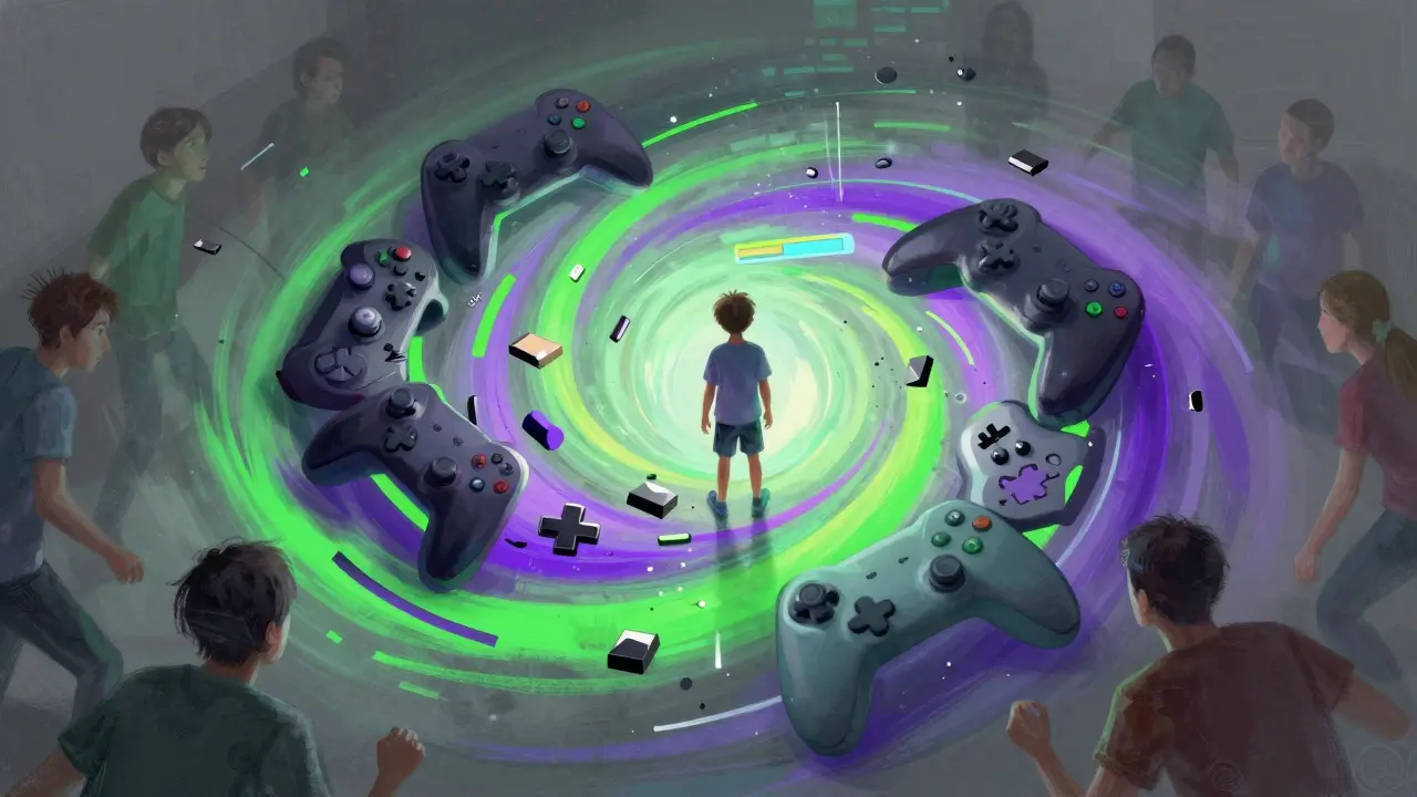 Conceptual art of a child surrounded by a swirling vortex of gaming elements