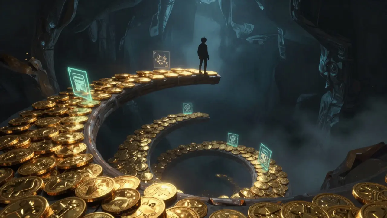 Conceptual art of a coin spiral leading into an abyss with game icons
