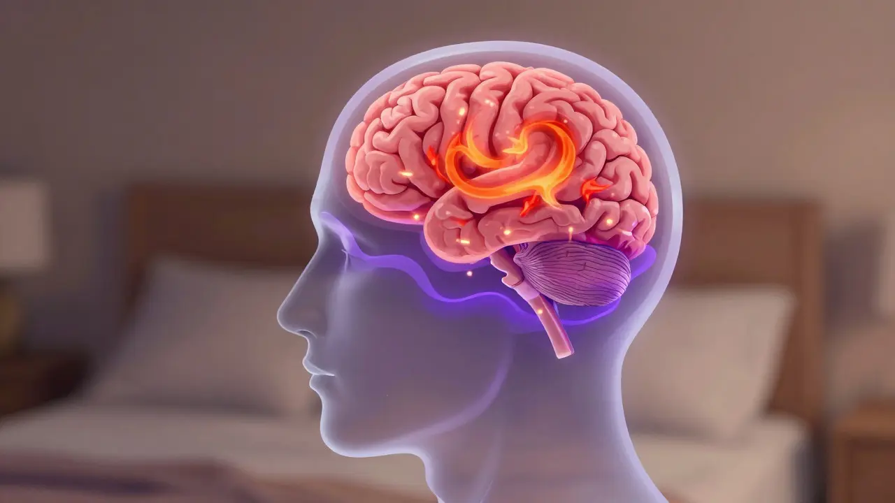 Conceptual art of a head showing chaotic internal energy vs calm waves