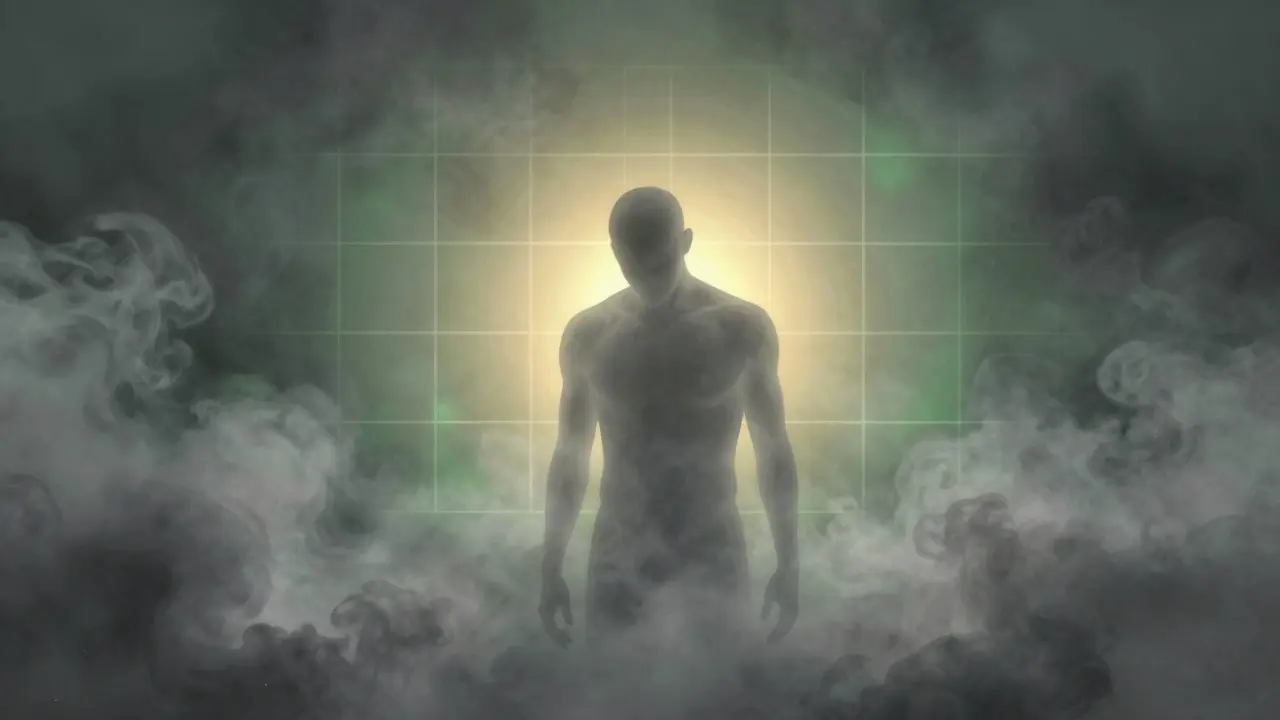 Conceptual art of a person emerging from dark fog into warm light