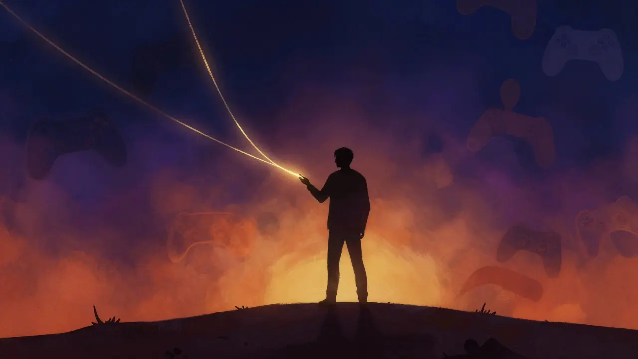 Conceptual art of a person leaving gaming addiction for a stable life