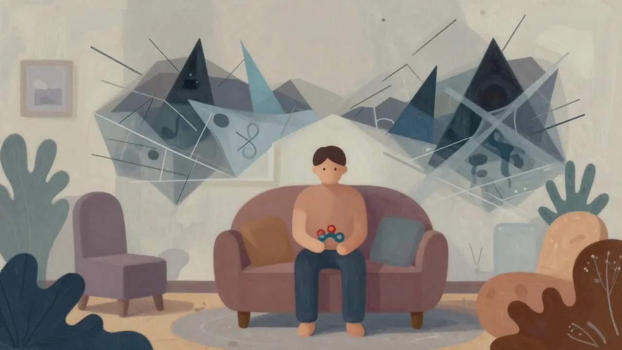 Conceptual art showing a person finding safety amidst chaotic trauma visuals