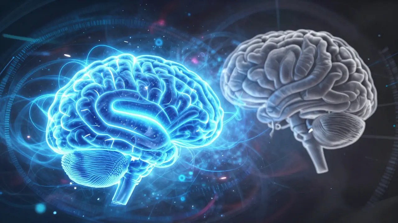 Conceptual art showing hyperactive reward centers overwhelming the brain's control center