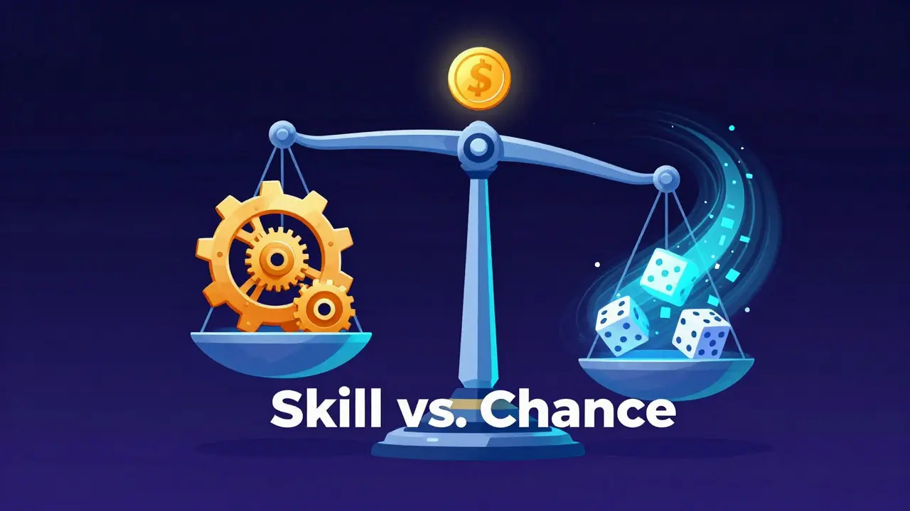 Conceptual digital art of a balance scale weighing skill gears against chance dice in a gaming context