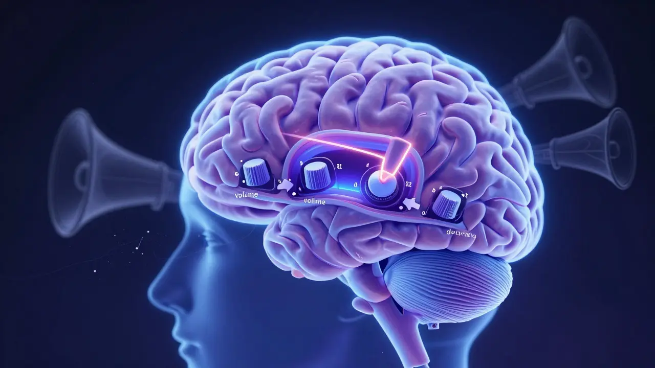 Conceptual illustration of brain receptors turning down volume knobs to reduce sensitivity