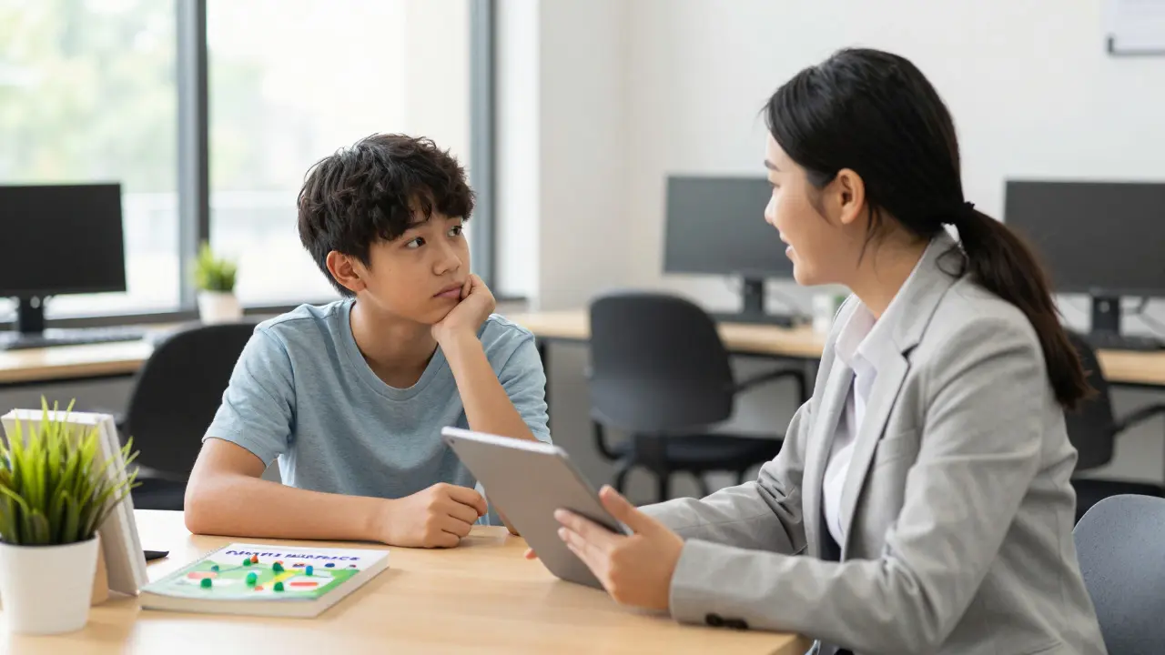 Counselor speaking with a student in a bright, modern office