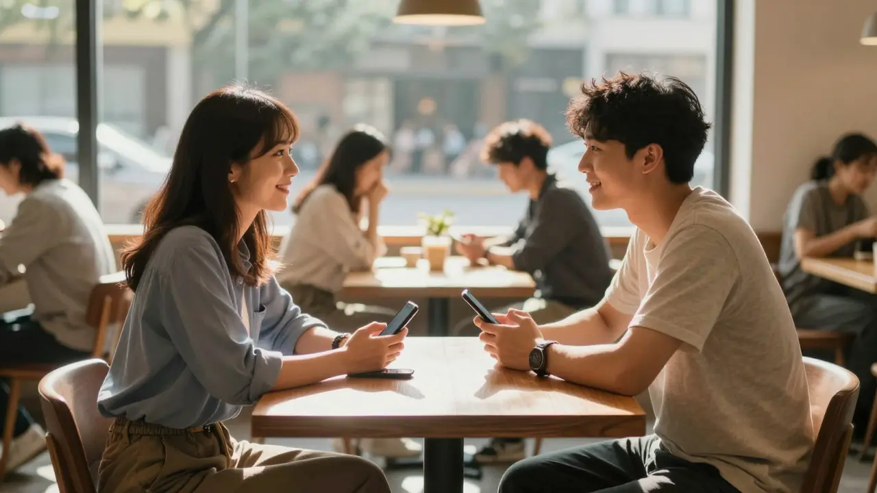 Couple talking at a cafe with phones face-down, focusing on real connection
