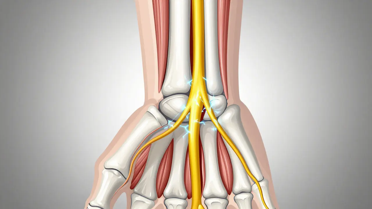 Cross-section illustration of a wrist showing the median nerve compressed within the carpal tunnel