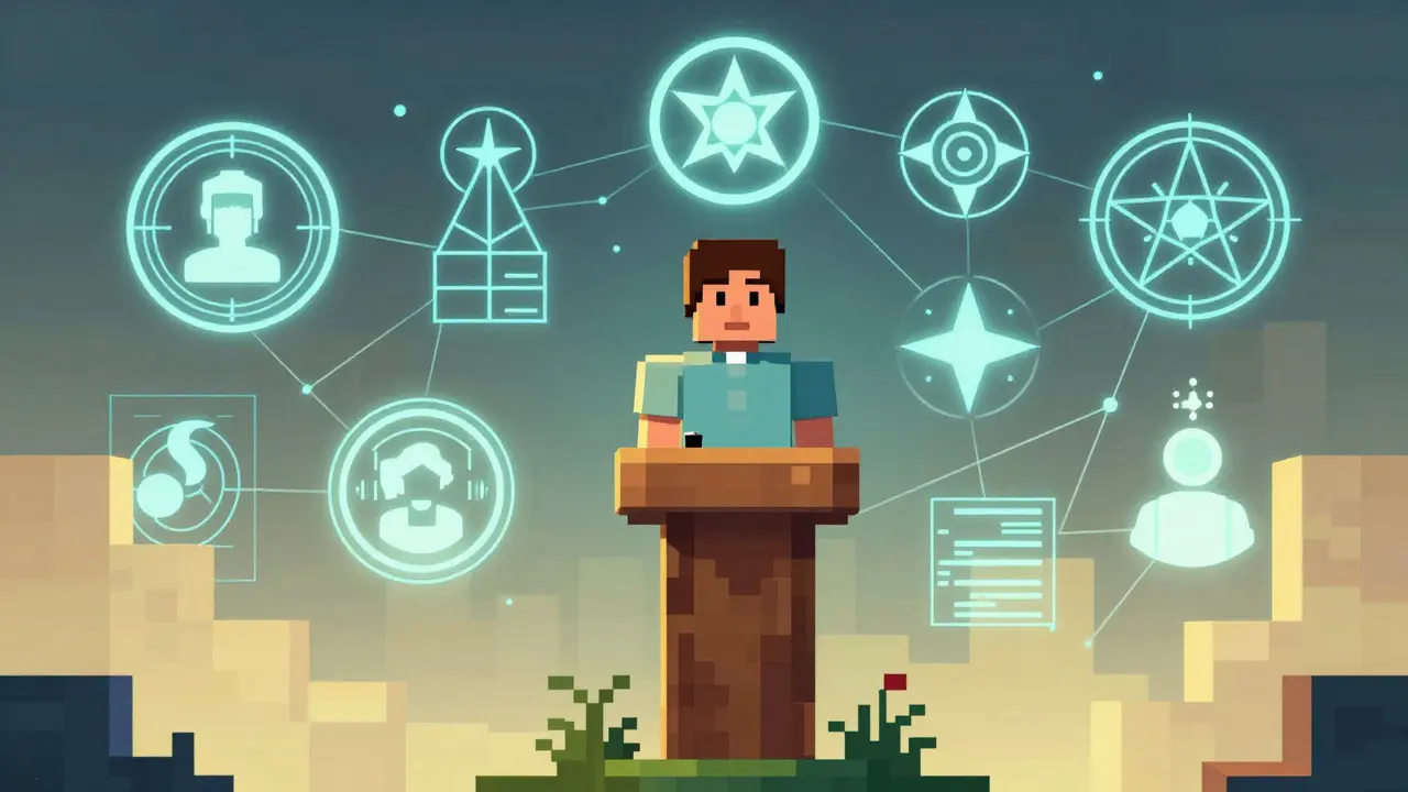 Digital art showing a clergy member standing on a pixelated podium