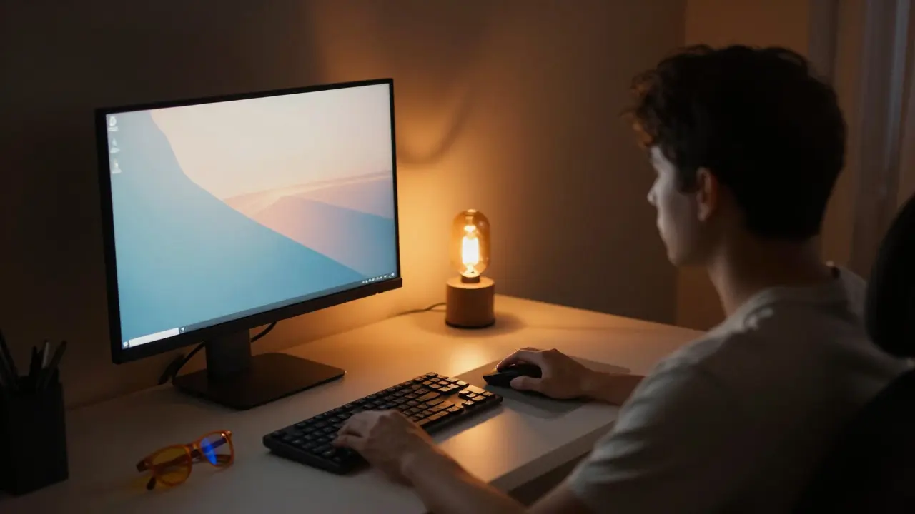 Dim gaming setup with warm ambient lamp and blue-light glasses