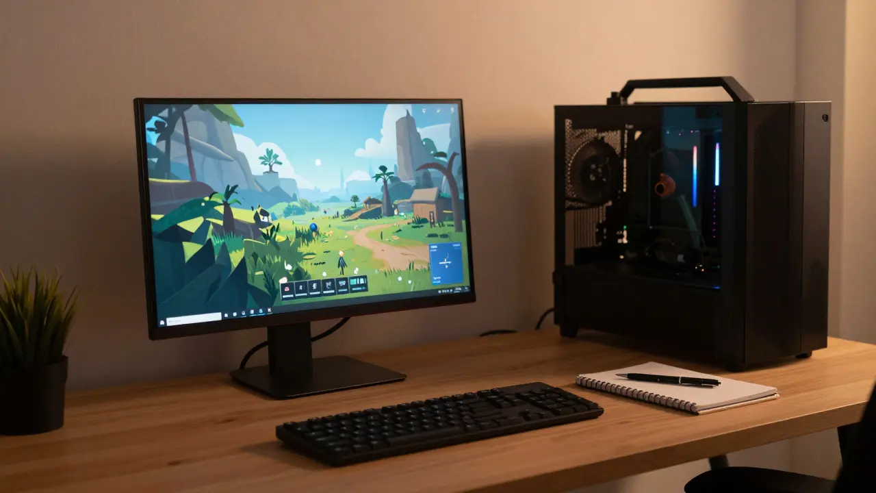 Dimly lit gaming desk with warm lights, a notebook, and a calm game screen