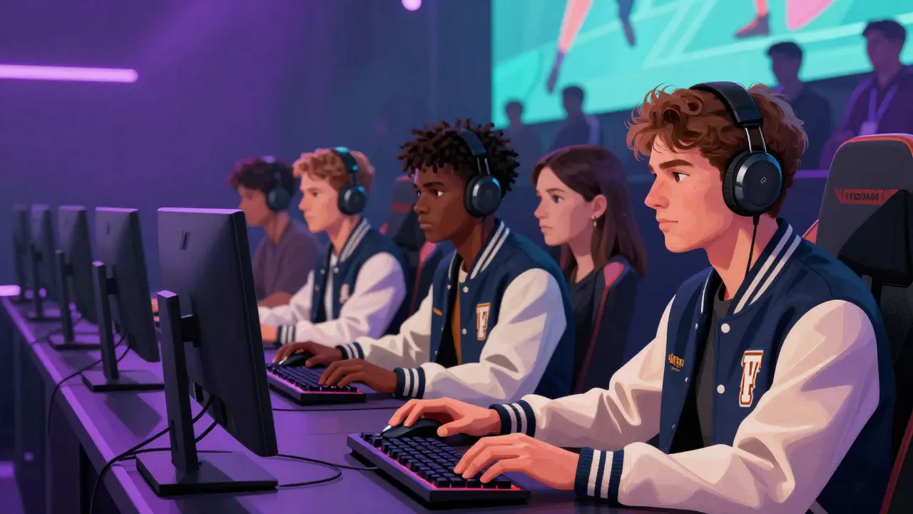 Diverse collegiate esports team competing in a tournament arena