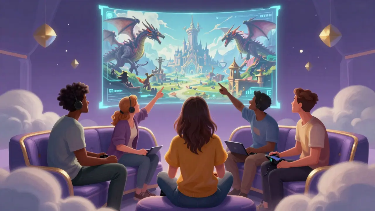 Diverse group of friends enjoying a shared open-world RPG experience together