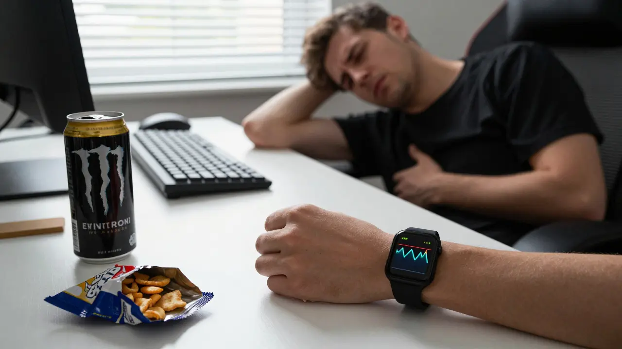Exhausted gamer at a messy desk with a smartwatch showing high heart rate