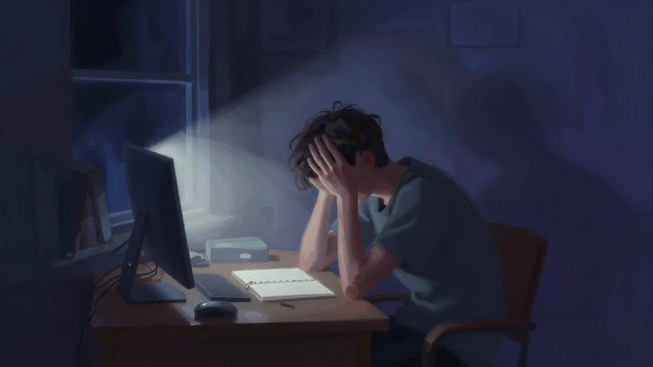 Exhausted person at a desk illuminated by a beam of light from a window