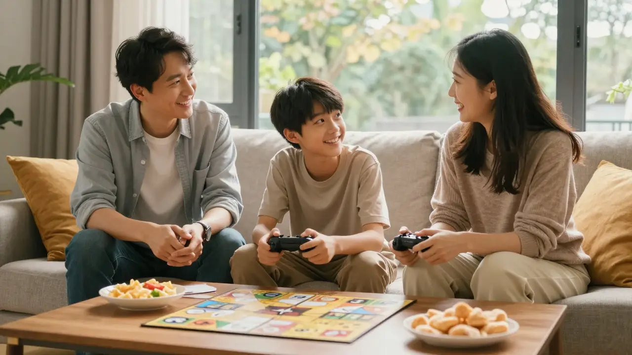 Family sitting together on a couch enjoying time with a game controller
