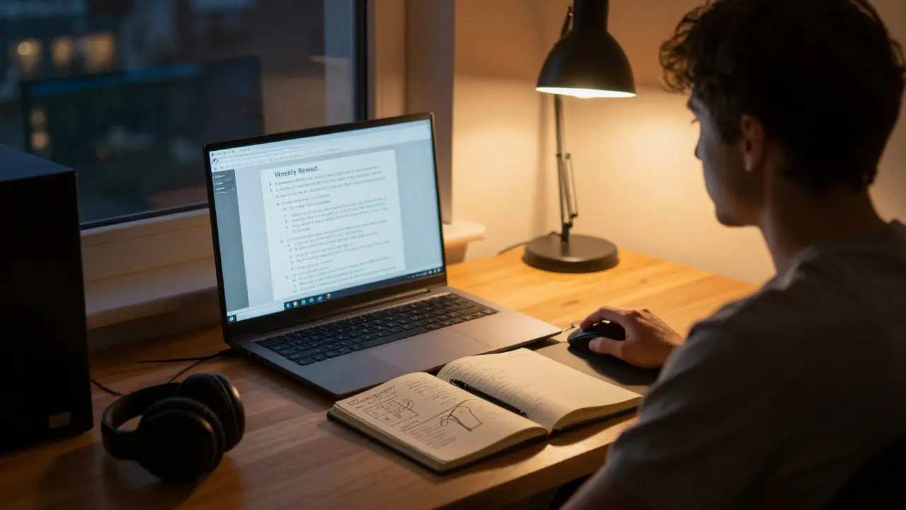 Gamer reviewing handwritten notes and charts in a warmly lit room