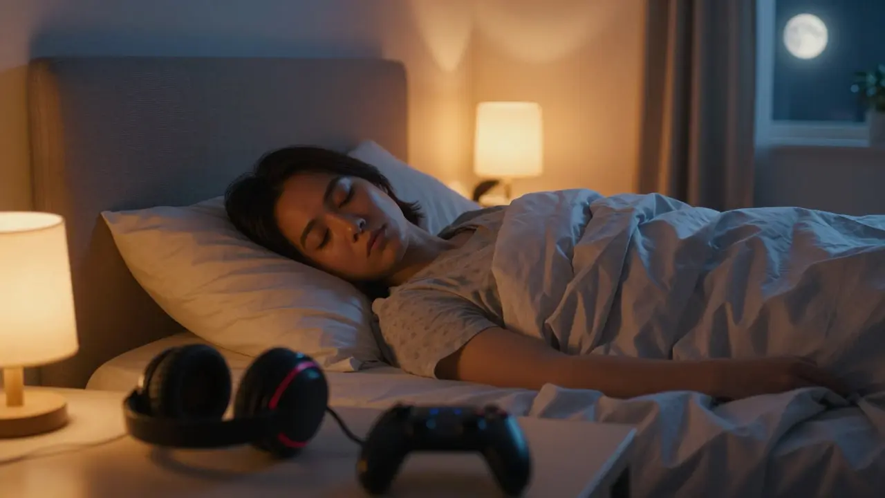 Gamer sleeping peacefully in a warm, dimly lit bedroom after gaming