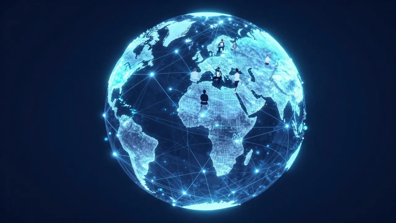 Glowing digital globe illustration showing connected nodes representing a global online support network