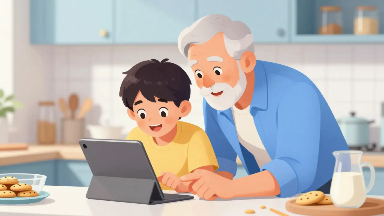 Grandfather and grandson discussing a video game strategy in a bright kitchen