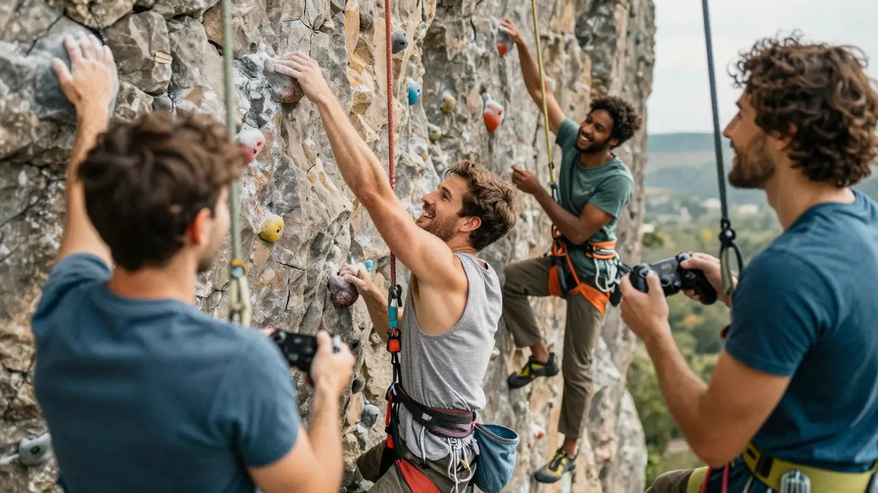 Group of men rock climbing outdoors to break gaming addiction