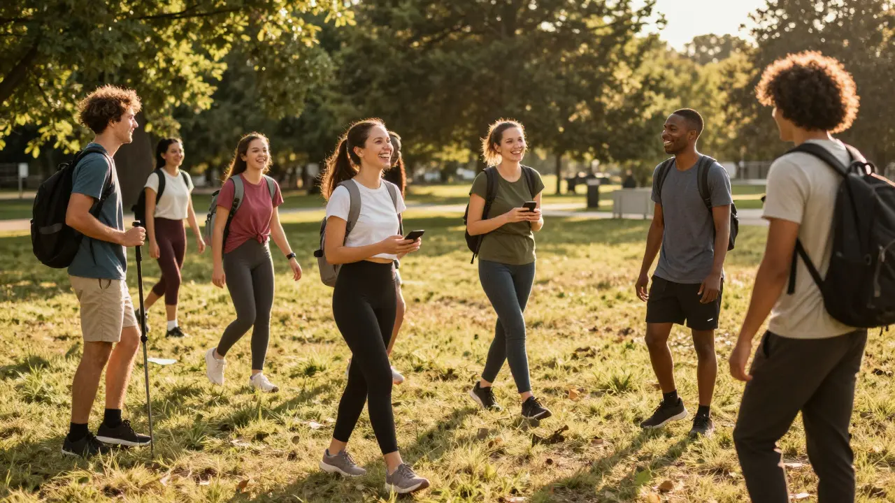 Group of people enjoying outdoor activities together in a sunny park