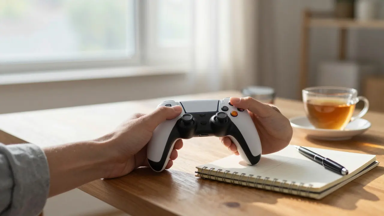 Hand placing a game controller on a table in soft morning sunlight