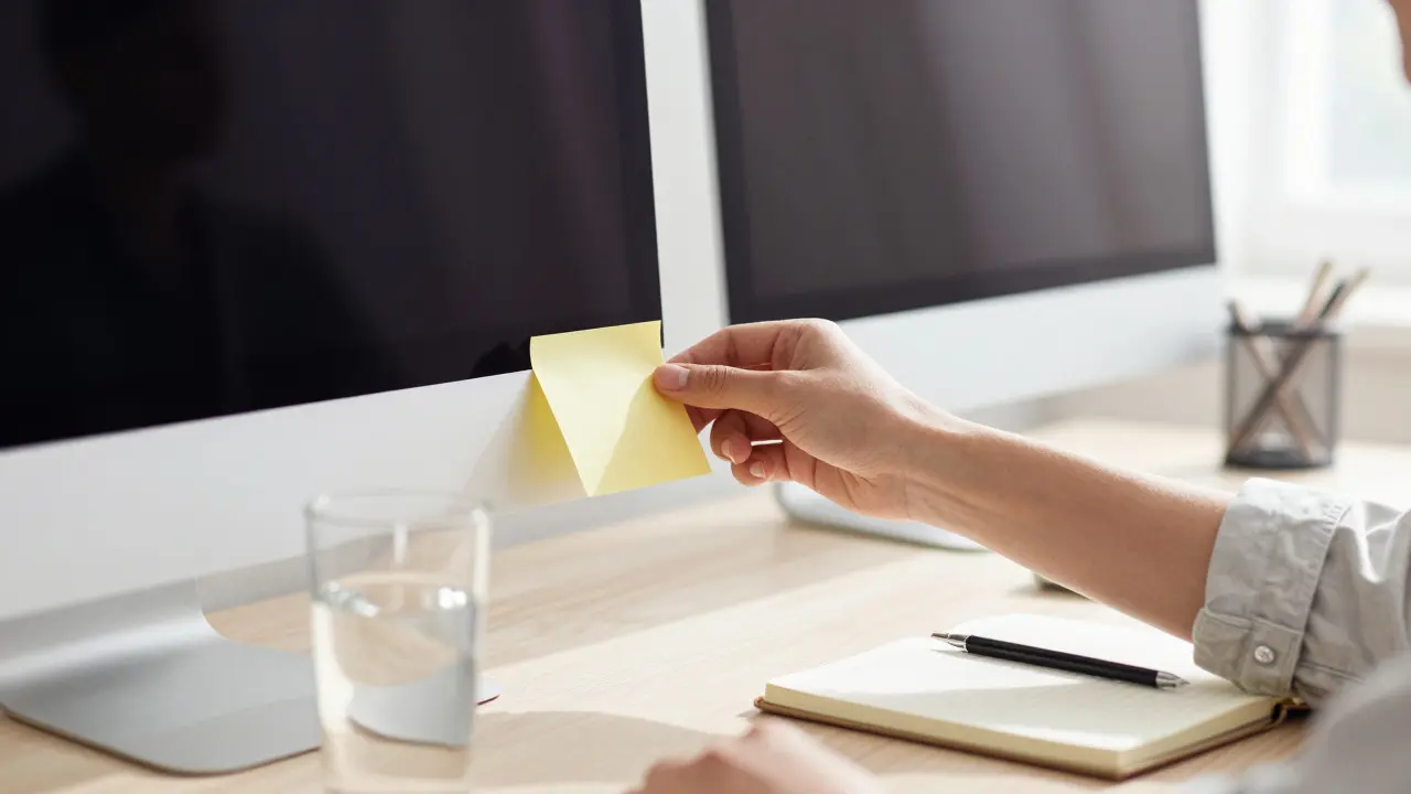 Hand placing a yellow sticky note on a computer monitor in a sunlit room