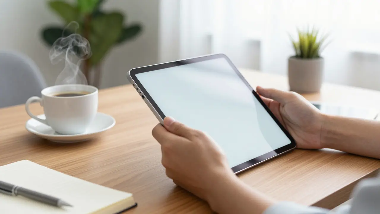 Hands holding a tablet on a wooden table with coffee, set in a bright, organized home office