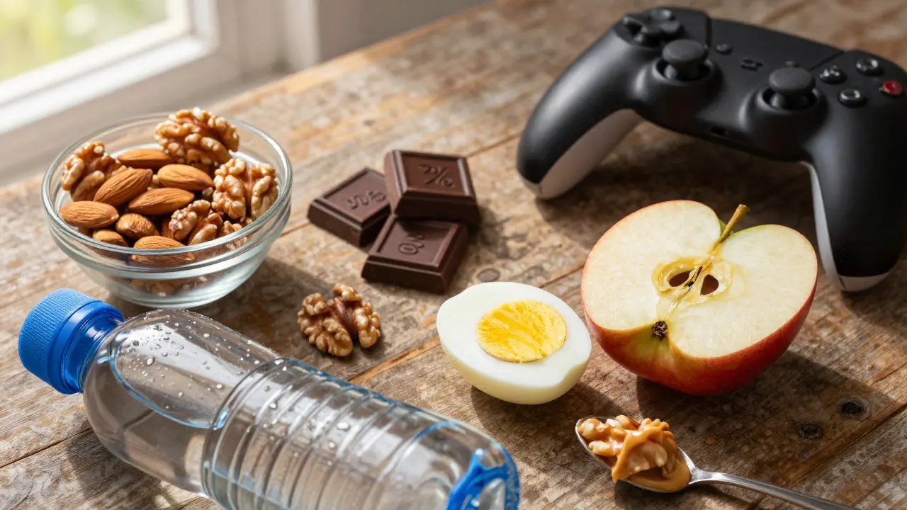 Healthy snacks including nuts, dark chocolate, and fruit arranged on a gaming desk