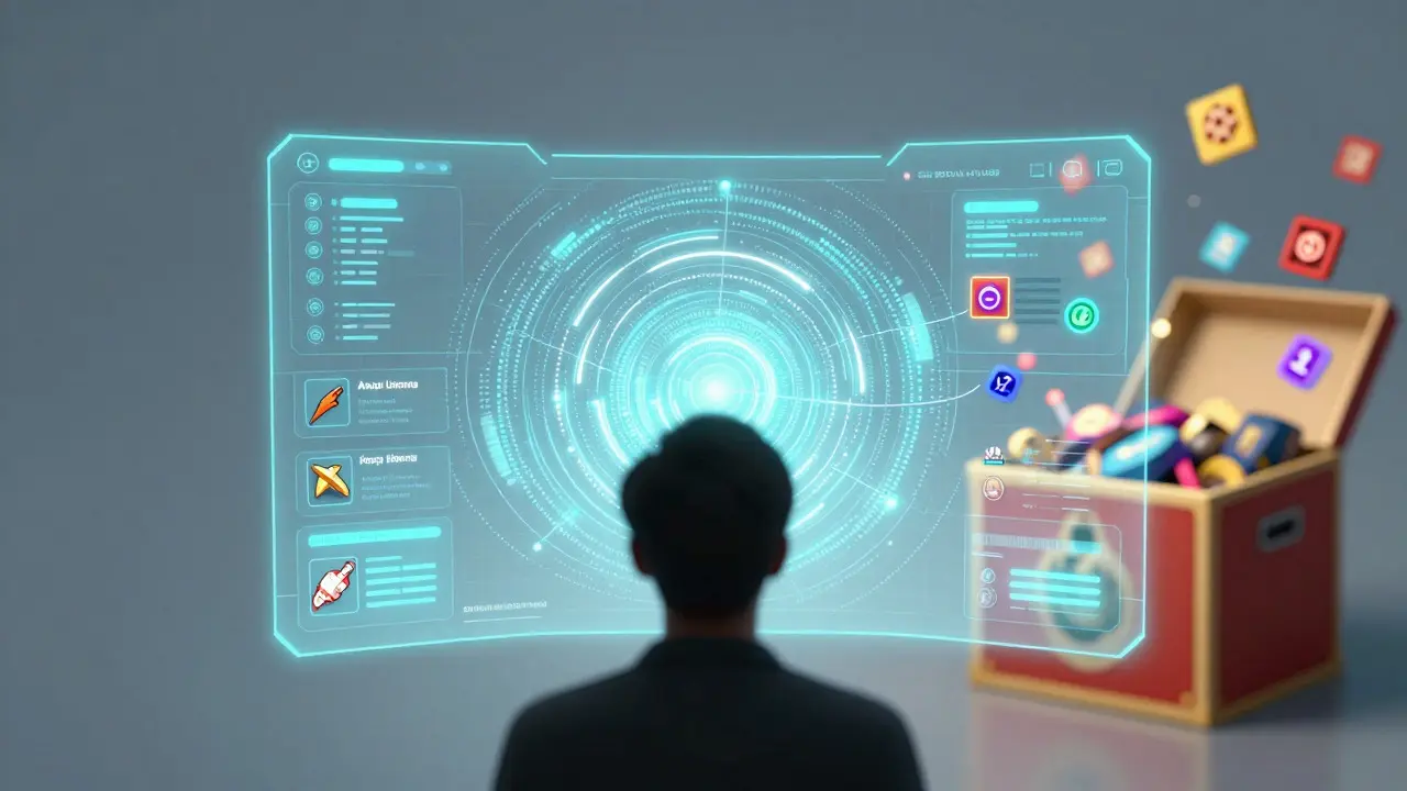 Holographic display showing AI analyzing data for personalized game recommendations