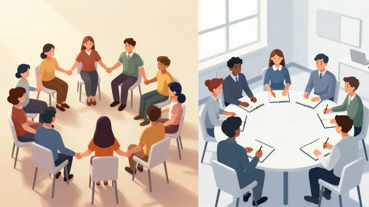 Illustration contrasting a supportive circle with a structured workshop