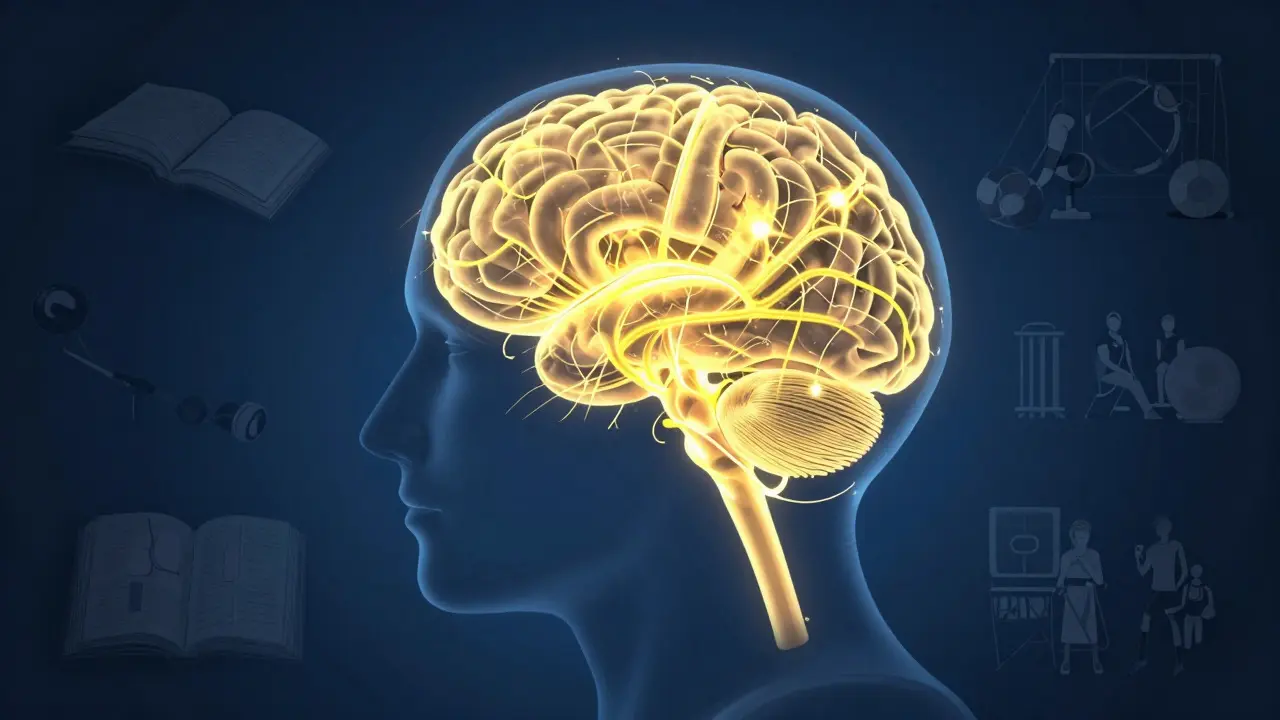 Illustration of a brain with glowing neurons and faded real-world objects