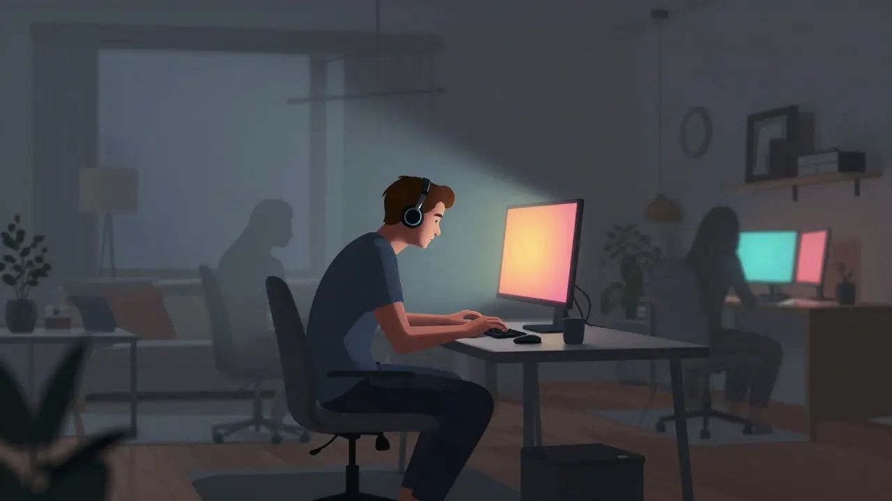 Illustration of a lonely gamer surrounded by fading social connections