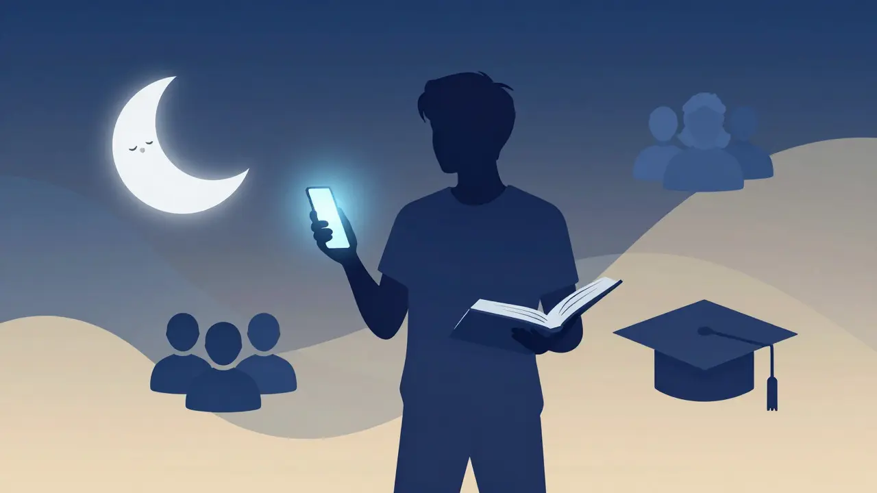 Illustration of a person balancing digital devices and real-life activities