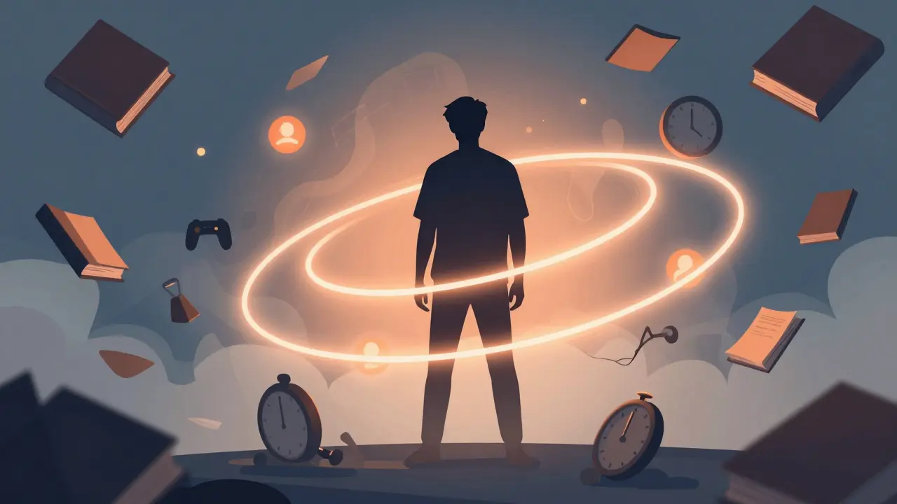 Illustration of a student overwhelmed by stress and drawn to digital rewards