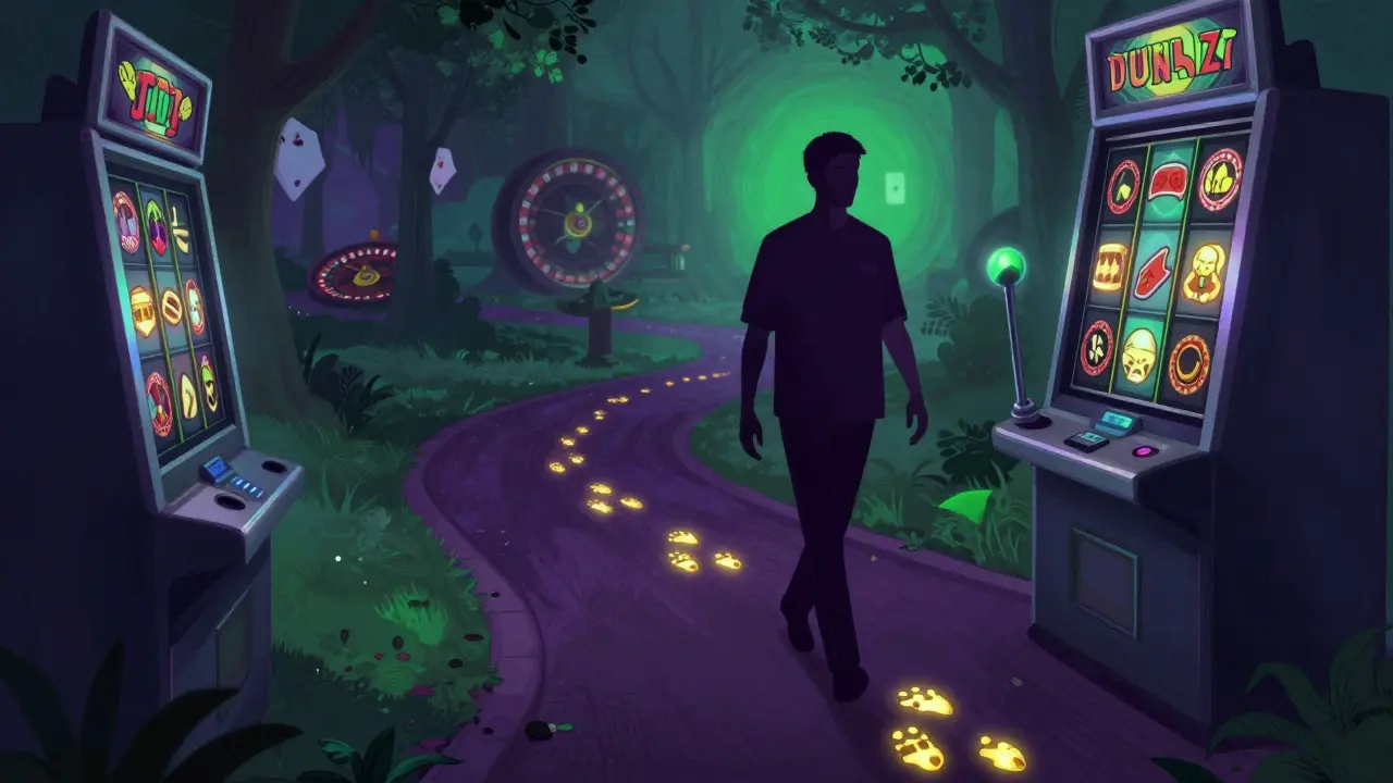 Illustration of a walker on a path turning into a slot machine lever with glowing symbols