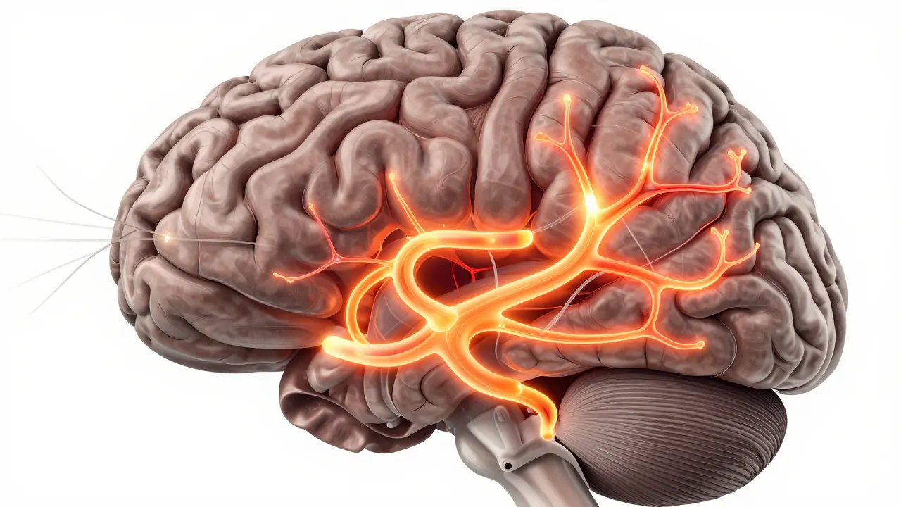 Illustration of brain activity highlighting the ventral striatum and dopamine pathways