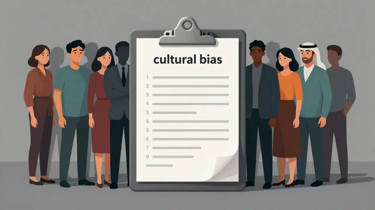 Illustration of diverse people struggling to fit into a rigid medical questionnaire, symbolizing cultural bias.