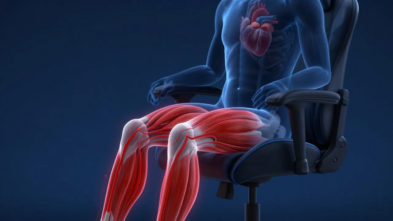 Illustration showing blood pooling in the legs of a seated figure due to inactivity