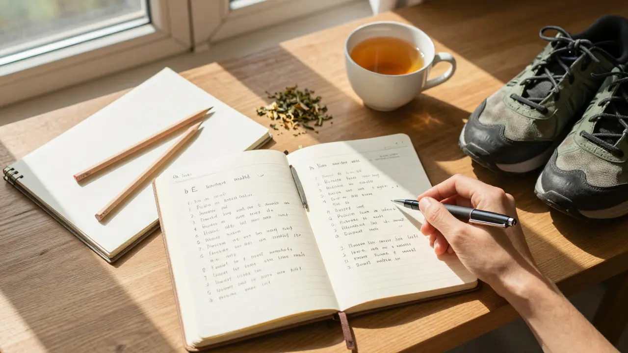 Journal, sketchbook, and walking shoes on a sunlit table
