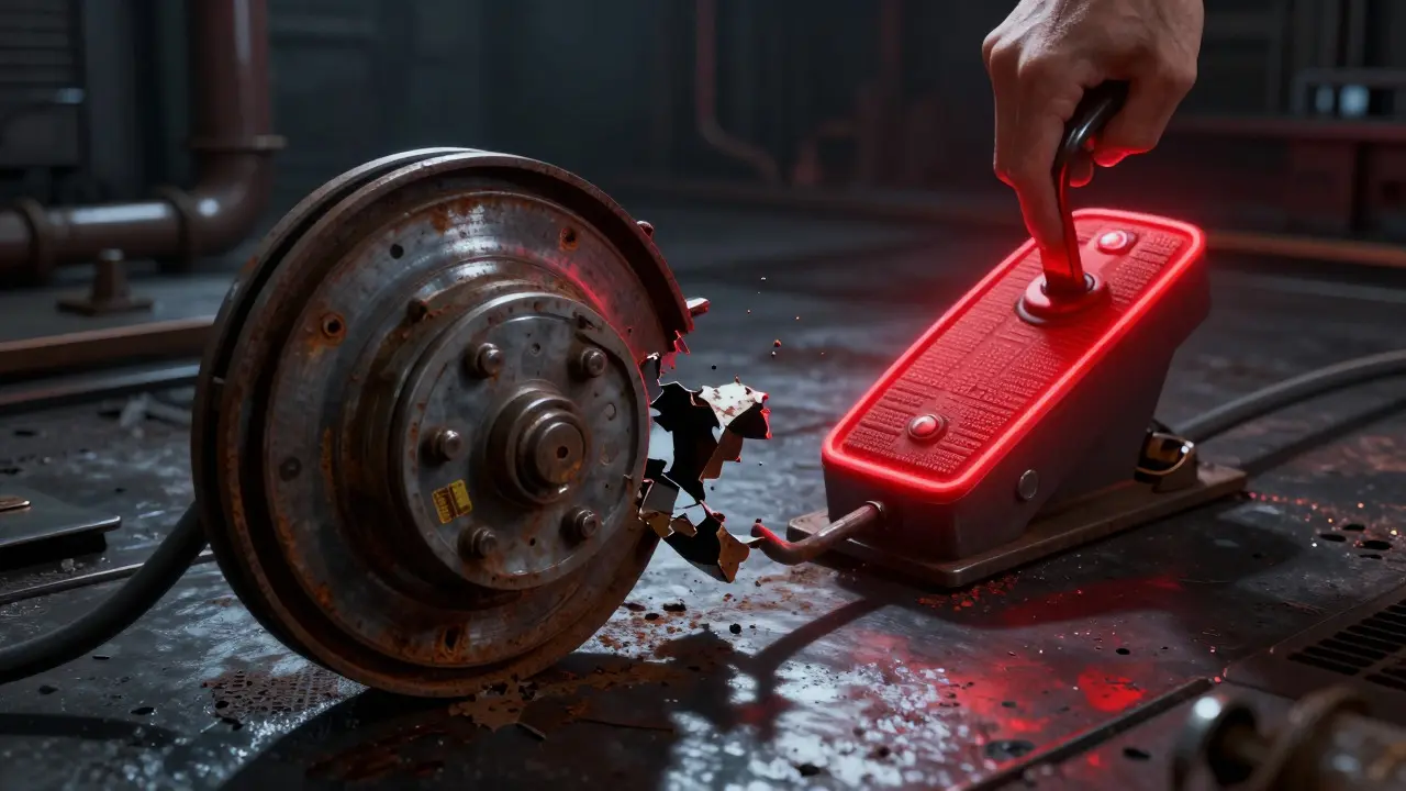 Metaphorical image of a broken brake mechanism versus a pressing gas pedal