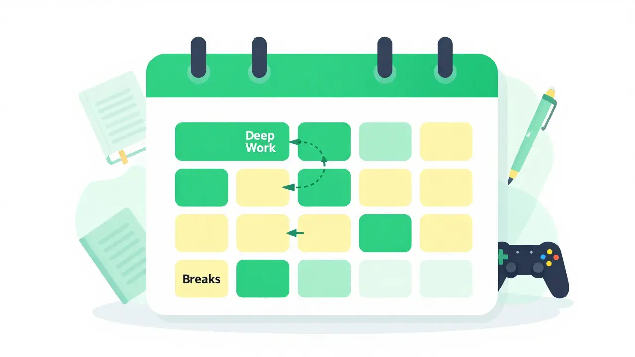Minimalist illustration of a calendar with color-coded work and break blocks, emphasizing structure.